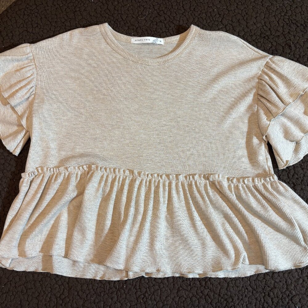 Altar'd State Beige Boho-Style Tunic with Waffle Knit Fabric and Ruffle Hem